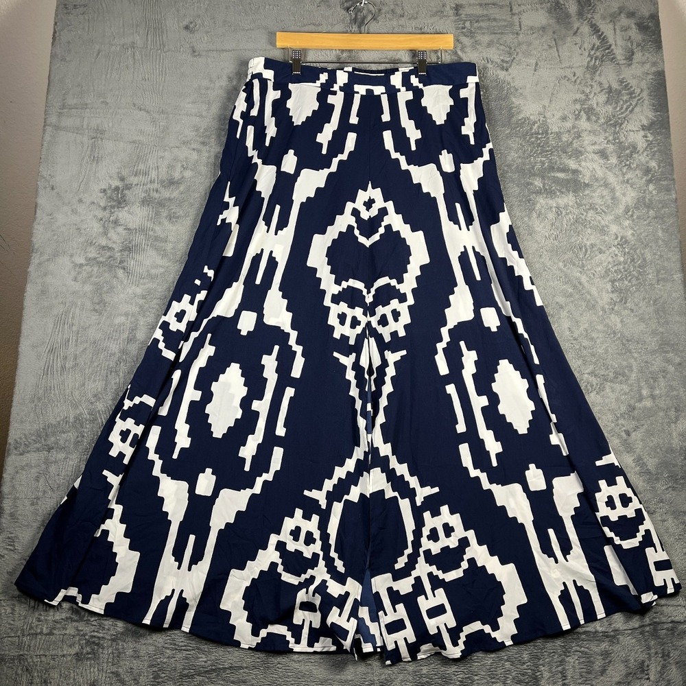 Eva Mendes NYC A Line Skirt Womens XL Blue White Geometric Front Slit Midi Skirt